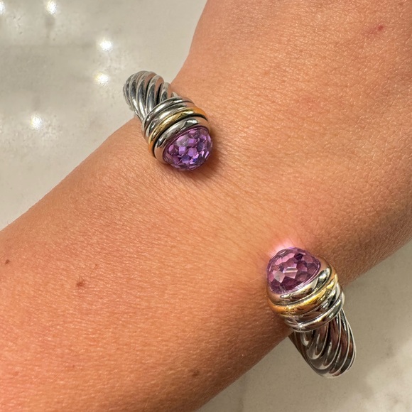 Two Tone Cable Bracelet Hinged Open Cuff with Large Purple Crystals - Picture 5 of 14